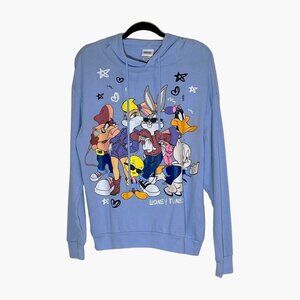 Y2K Aesthetic Looney Tunes Character Hoodie Blue Small - Bugs, Daffy, Taz